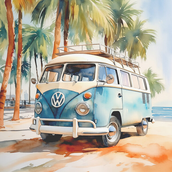 A watercolor of a van parked on a beach