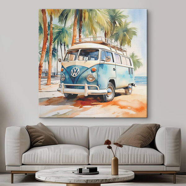 A watercolor of a van parked on a beach