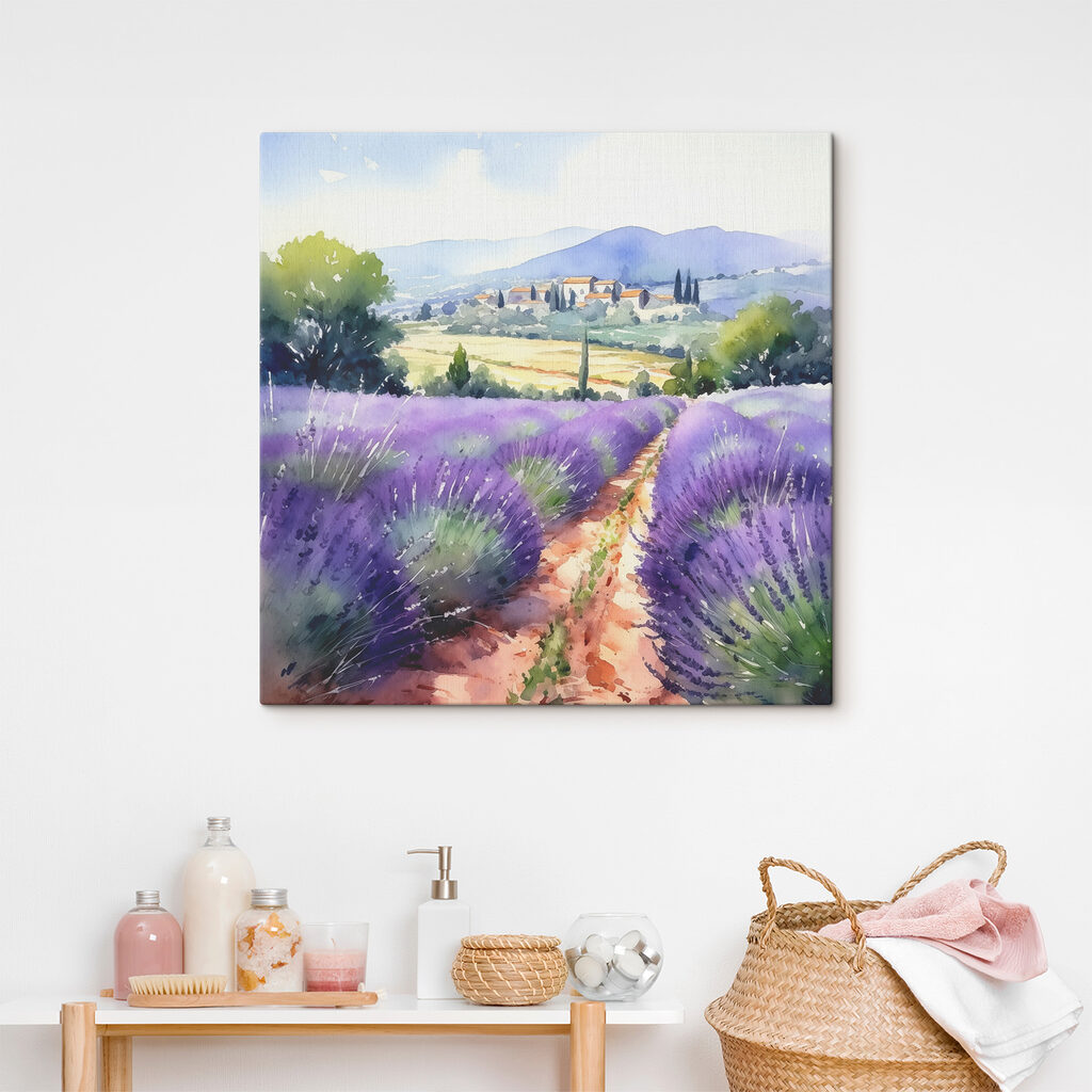 A watercolor painting of a field of lavender