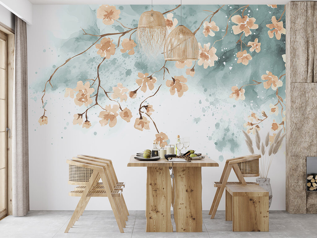 A painting of flowers on a branch