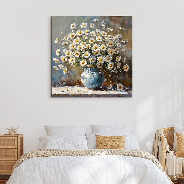 A painting of a vase of daisies A painting of a vase of daisies