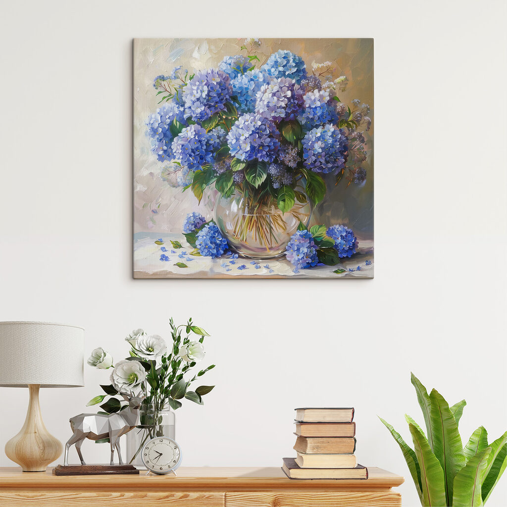 A painting of a vase of blue flowers