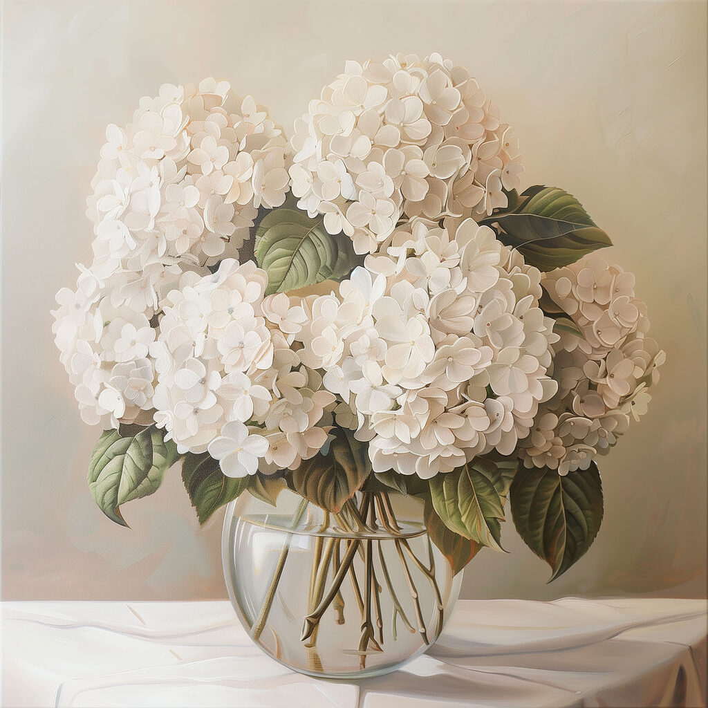 A painting of a bouquet of white flowers in a glass vase