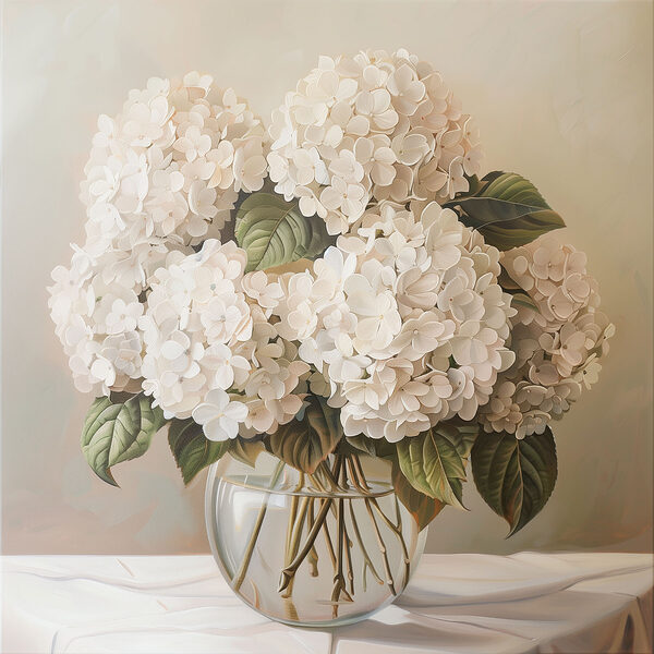 A painting of a bouquet of white flowers in a glass vase