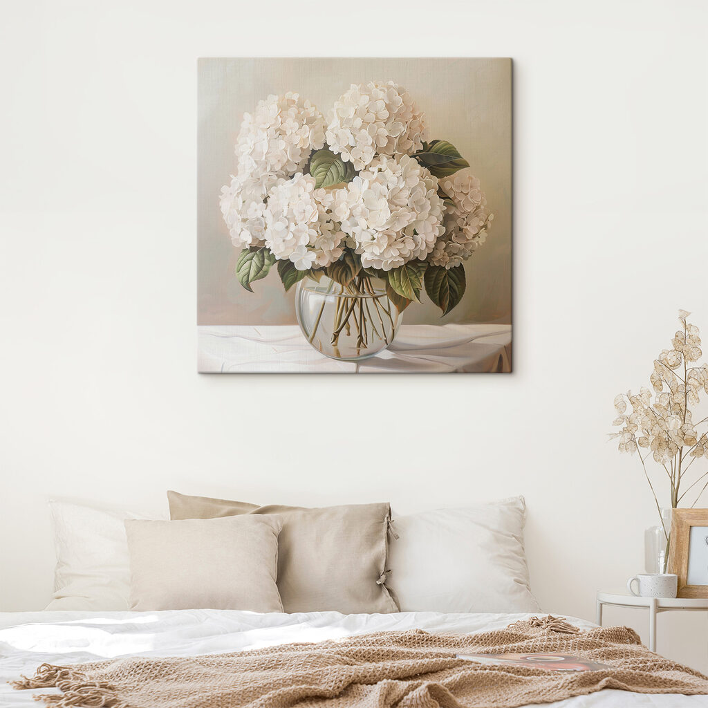 A painting of a bouquet of white flowers in a glass vase