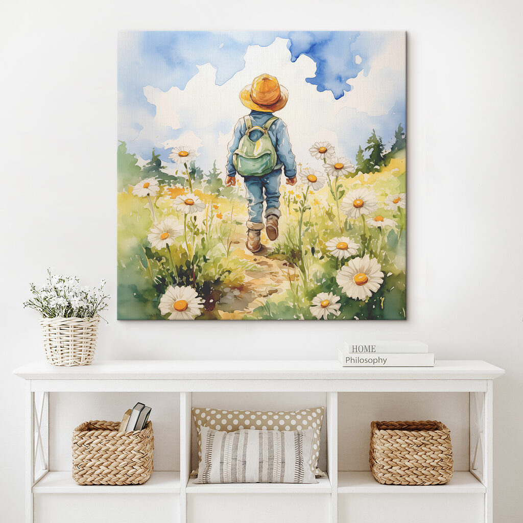 A child walking in a field of flowers