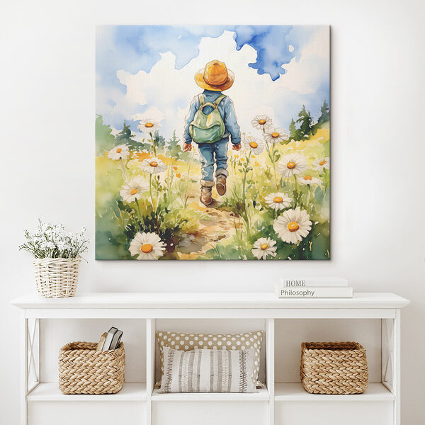 A child walking in a field of flowers