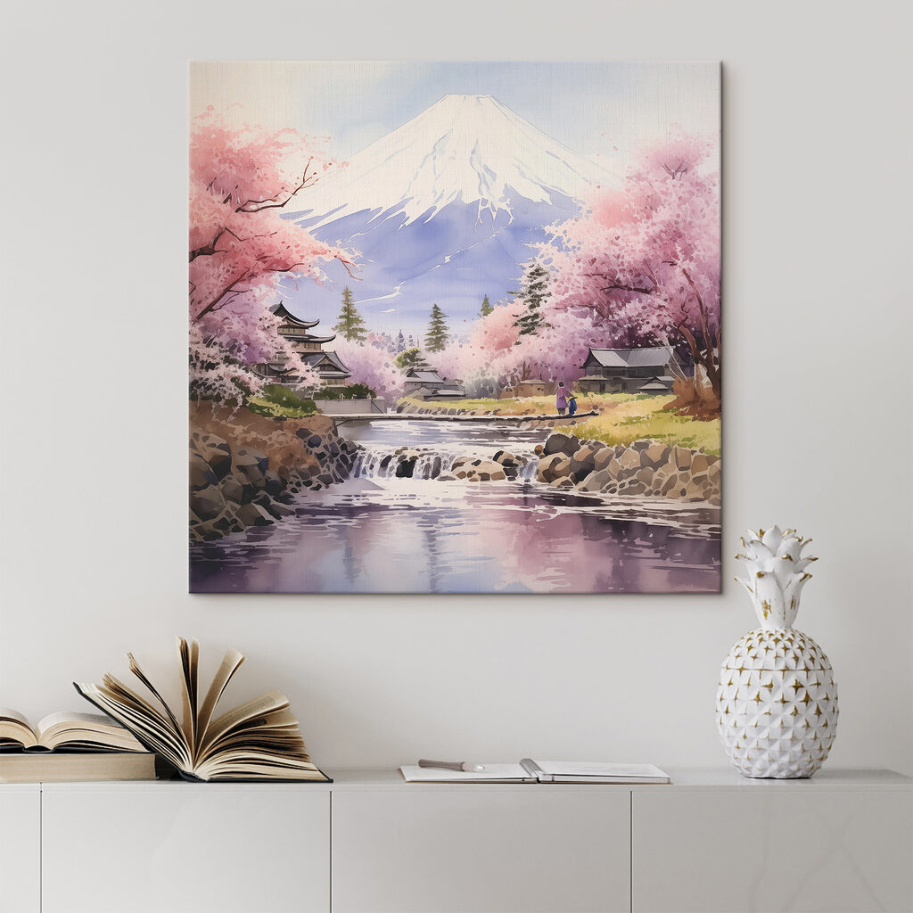 A watercolor of a river with a mountain in the background