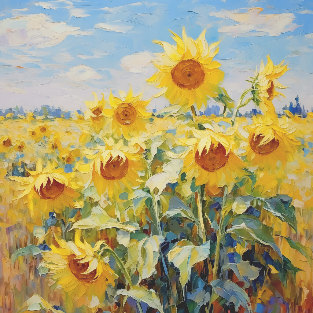 A painting of sunflowers in a field
