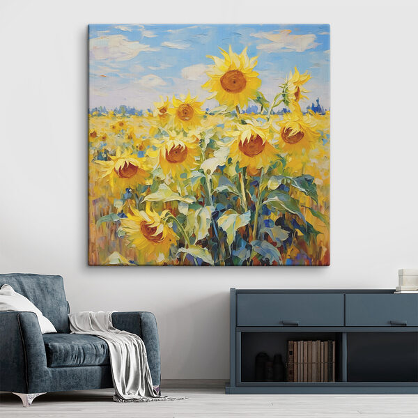 A painting of sunflowers in a field