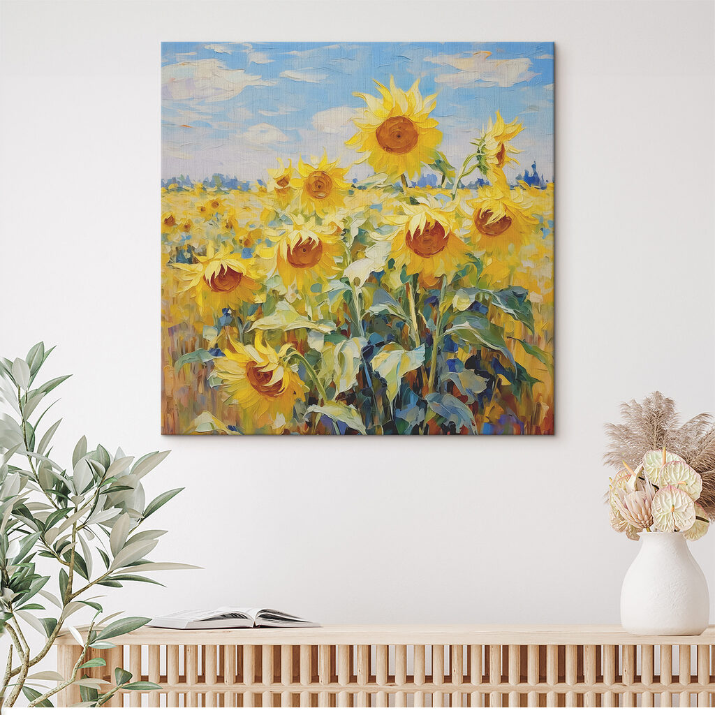 A painting of sunflowers in a field