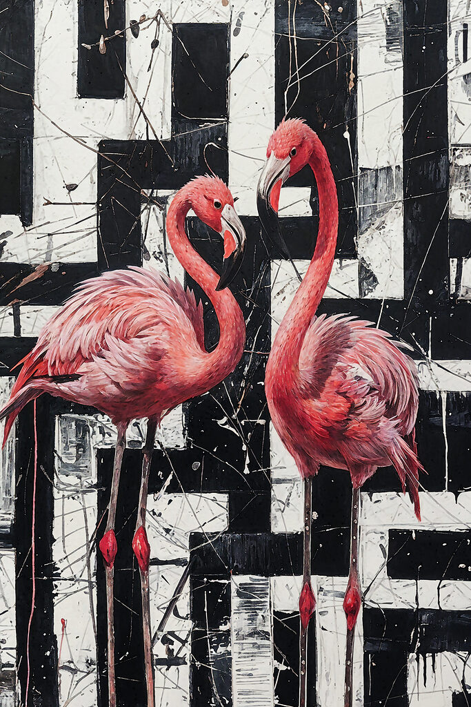A painting of flamingos on a black and white background