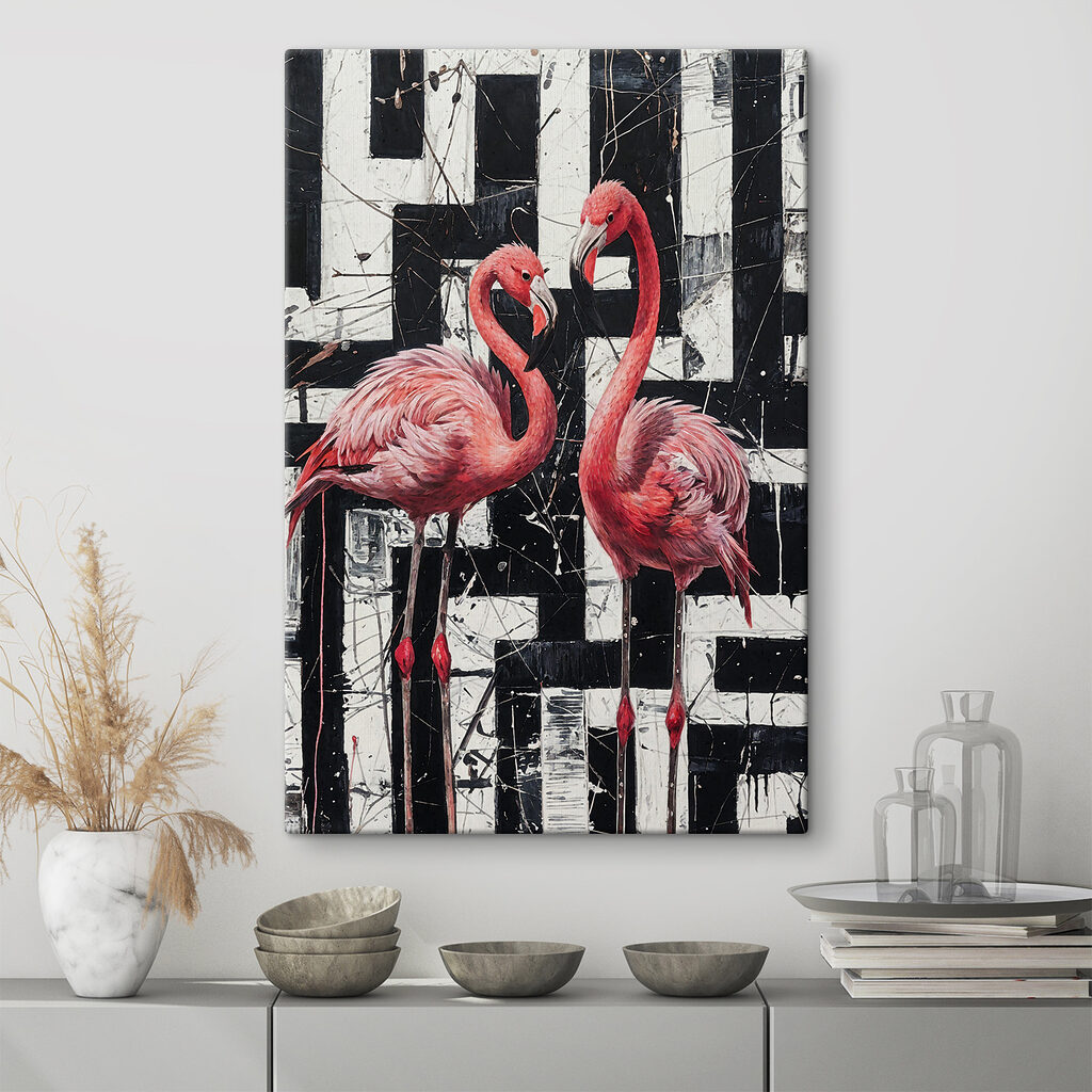 A painting of flamingos on a black and white background