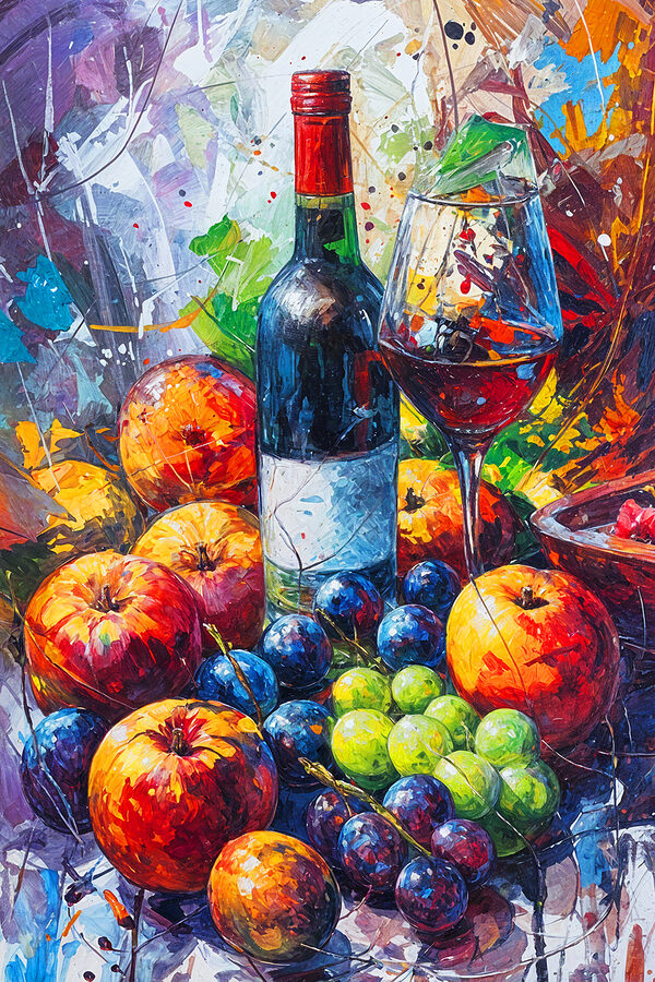 A painting of a wine bottle and fruit