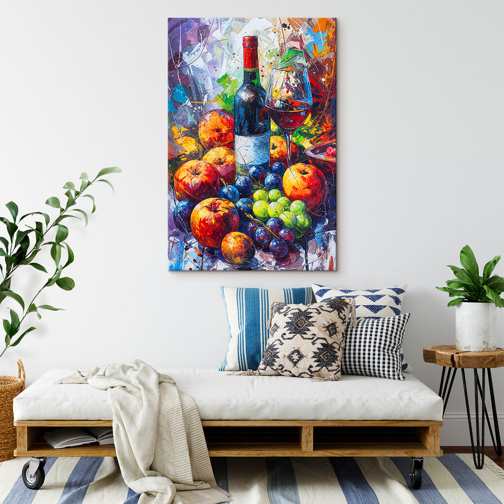 A painting of a wine bottle and fruit