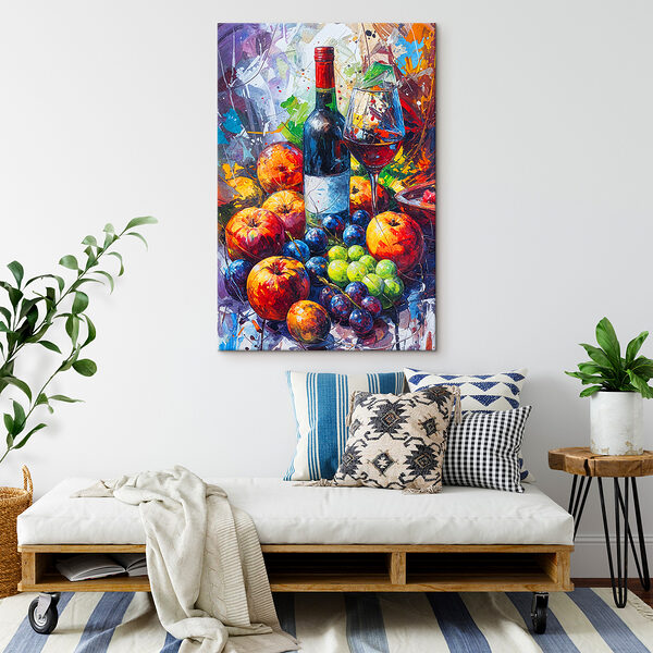 A painting of a wine bottle and fruit