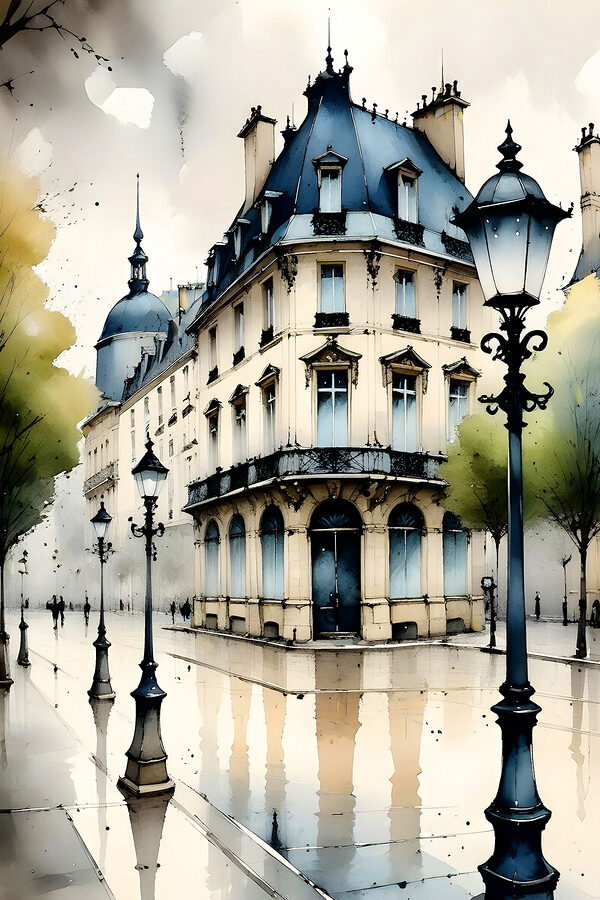 A painting of a building with a blue roof