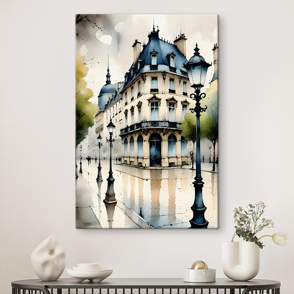A painting of a building with a blue roof
