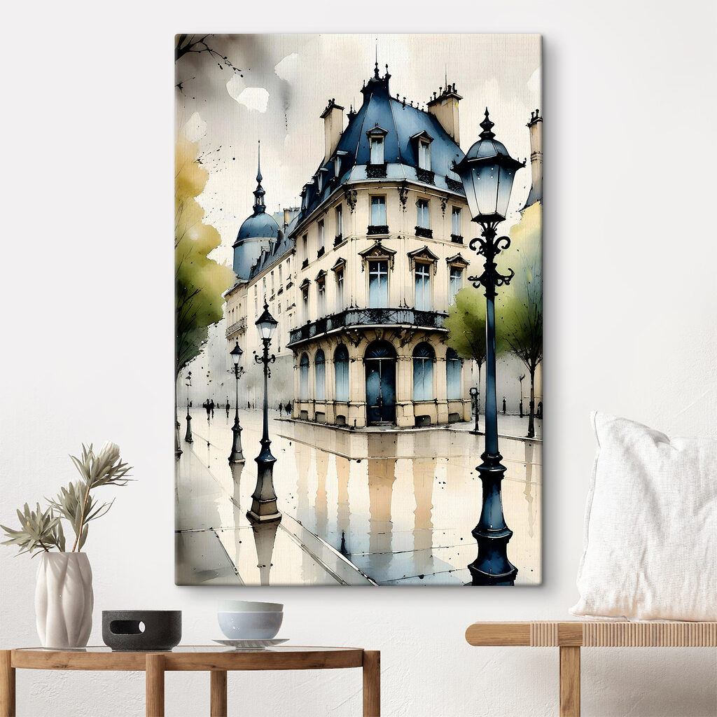 A painting of a building with a blue roof