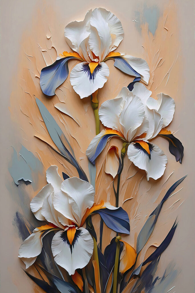 A painting of white flowers and blue leaves