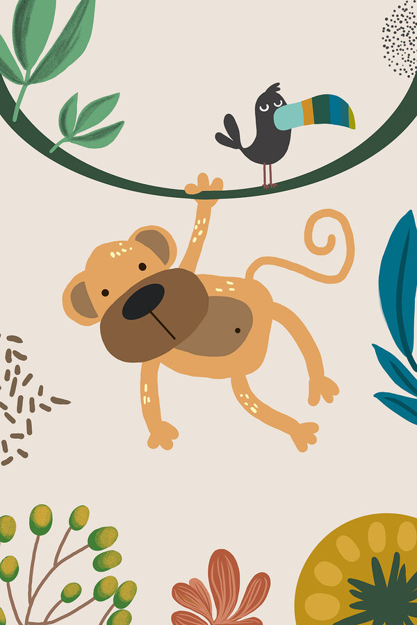 A monkey and bird on a branch A monkey and bird on a branch