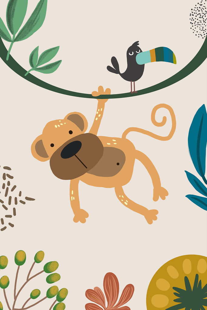 A monkey and bird on a branch A monkey and bird on a branch