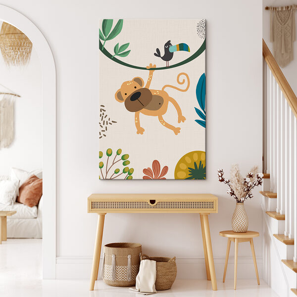 A monkey and bird on a branch A monkey and bird on a branch