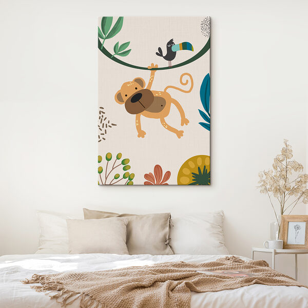 A monkey and bird on a branch A monkey and bird on a branch