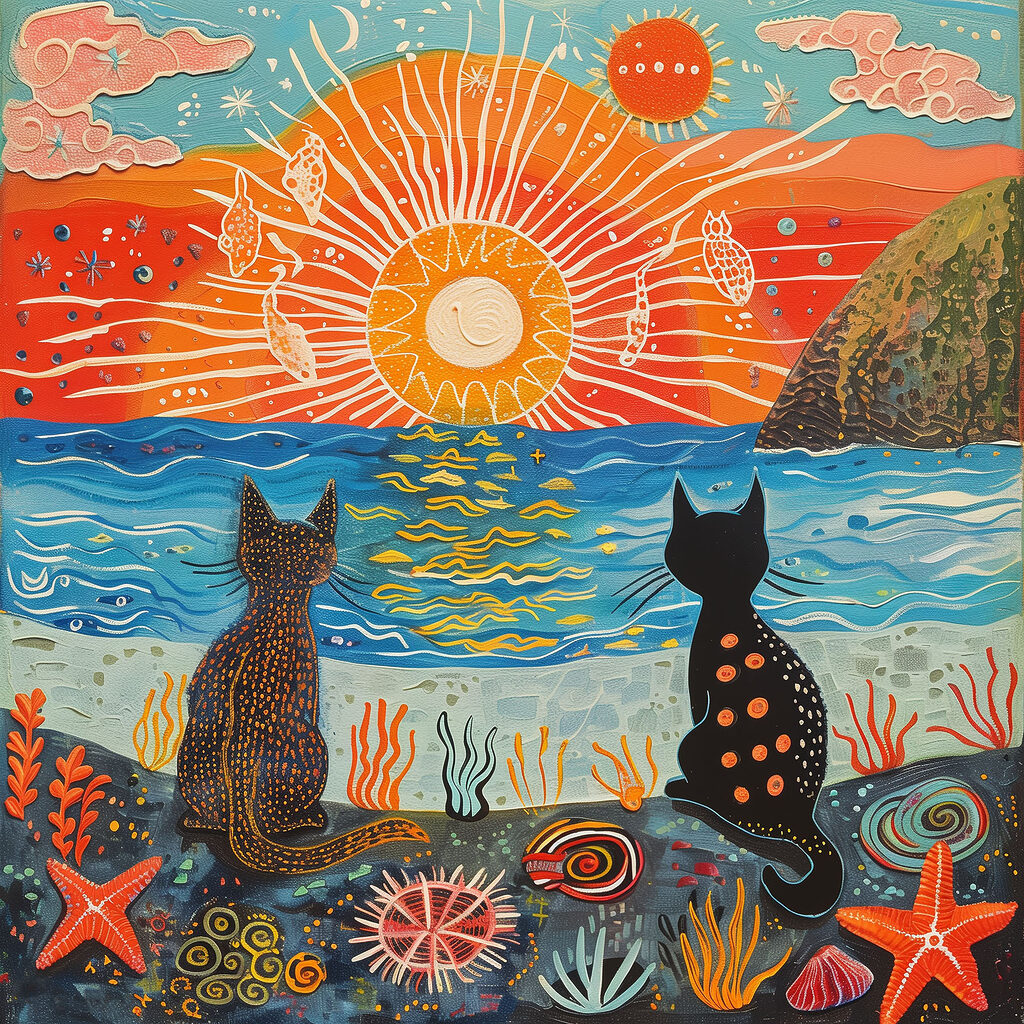 Two cats sitting on a beach looking at the sun