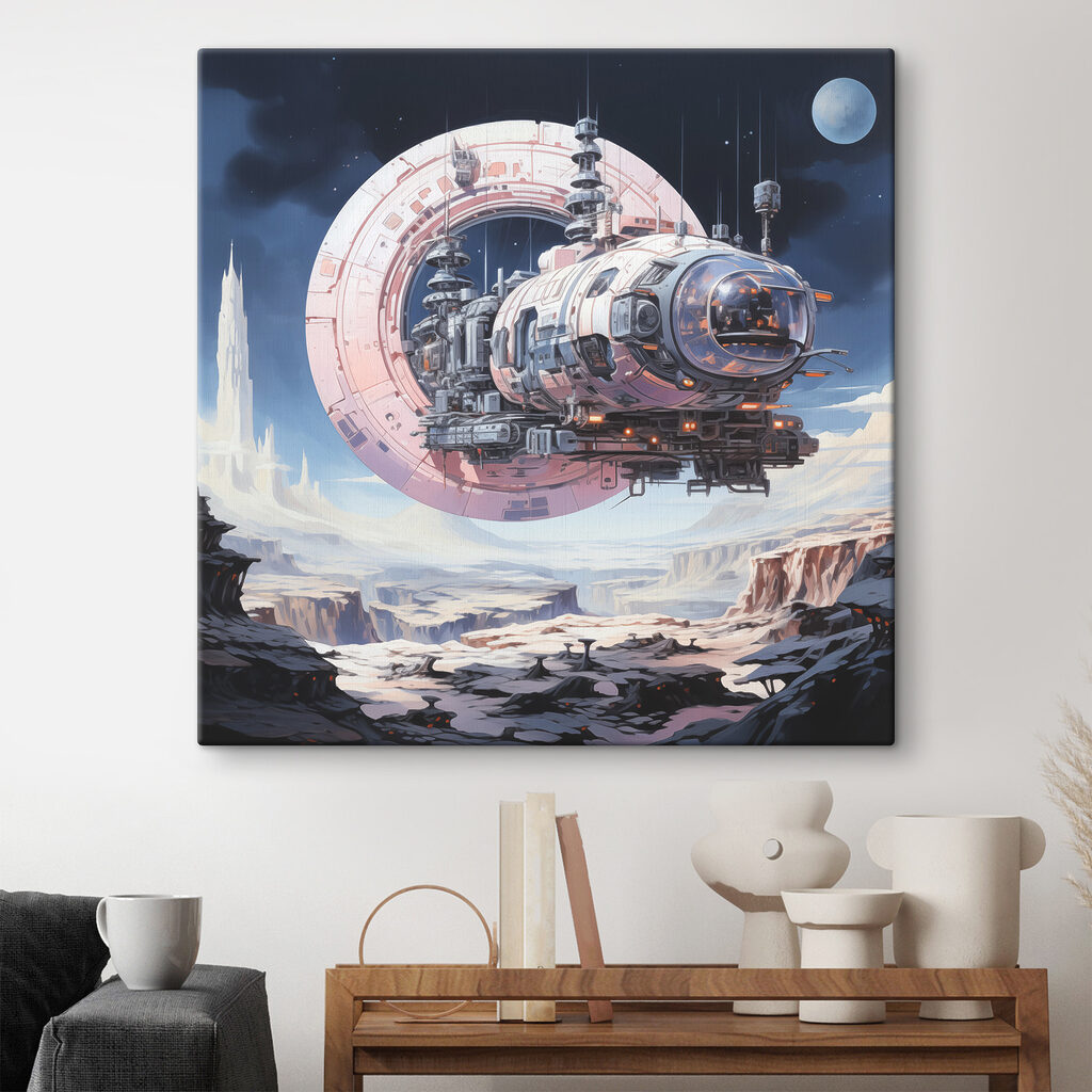 A space ship flying over a canyon