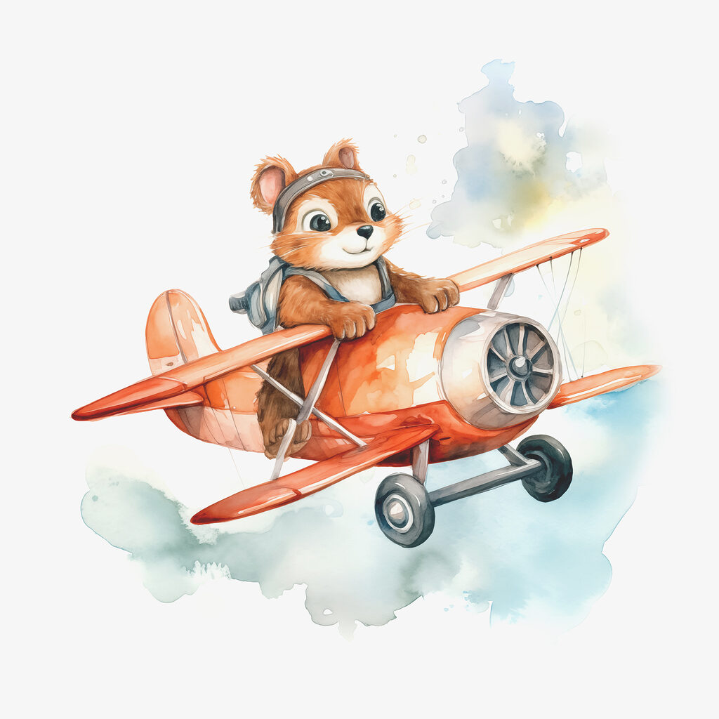 A watercolor of a squirrel flying on an airplane