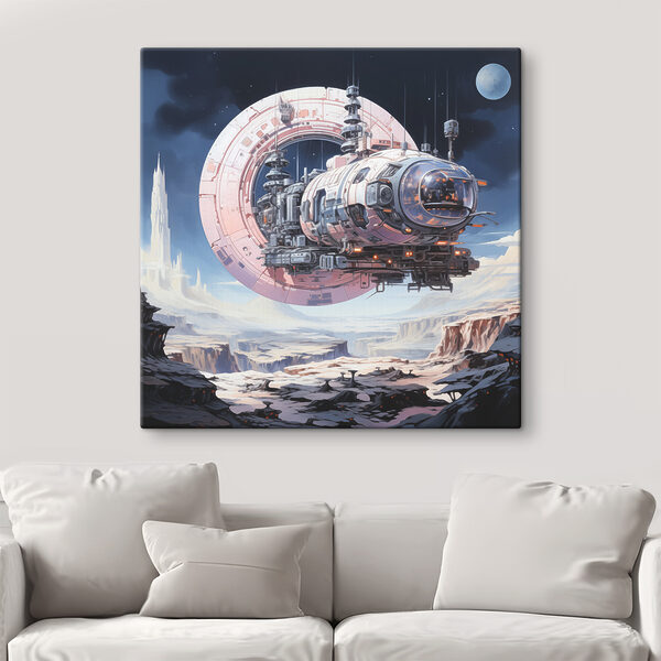 A space ship flying over a canyon