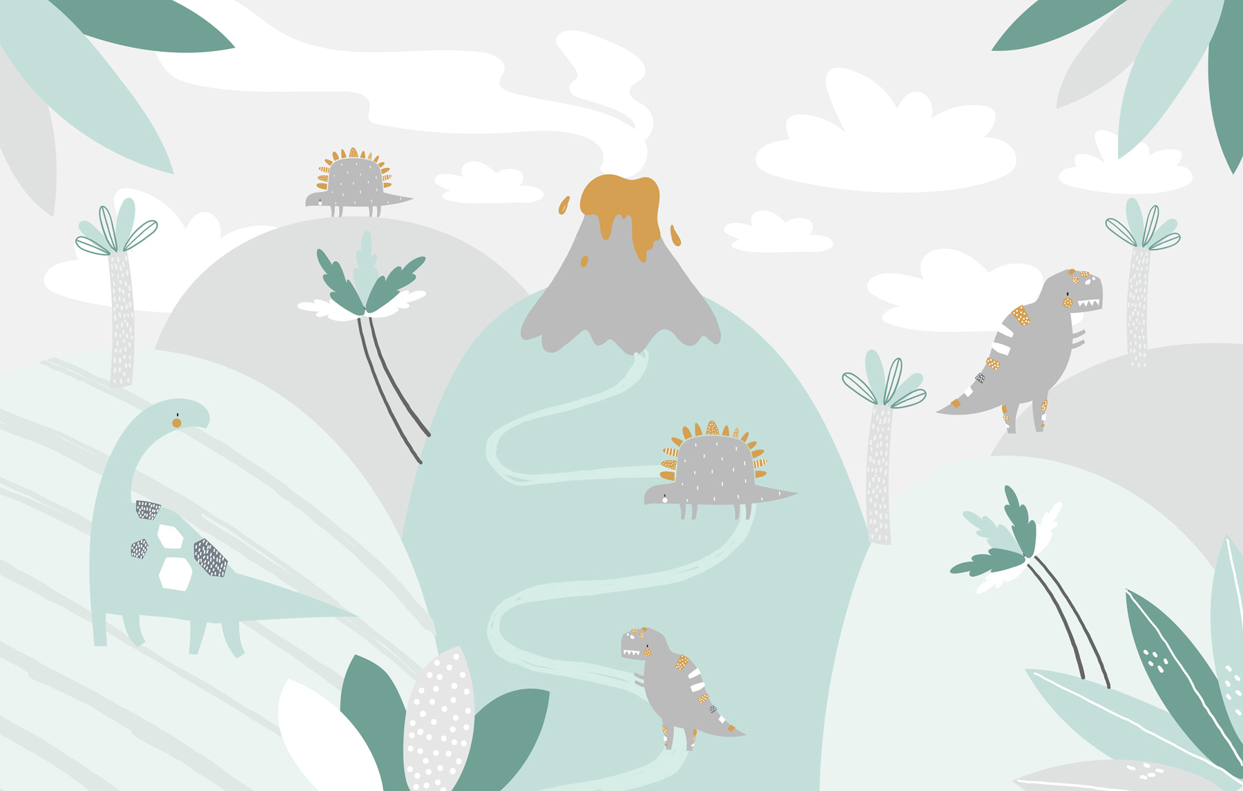 A cartoon dinosaur with a volcano and plants