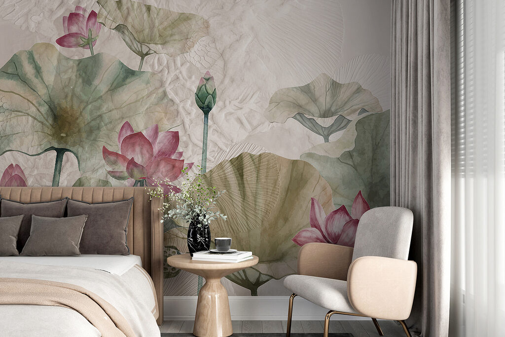 A painting of flowers and leaves