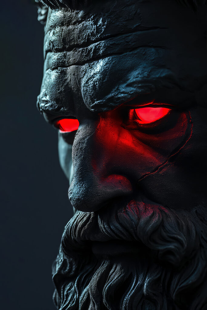 A statue of a man with red eyes A statue of a man with red eyes