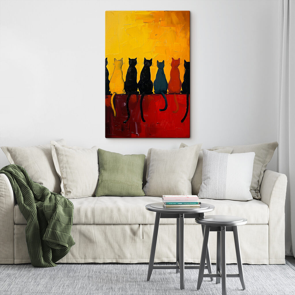 A group of cats sitting on a red surface A group of cats sitting on a red surface