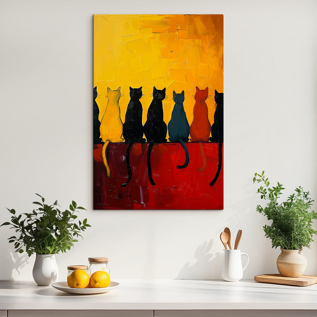 A group of cats sitting on a red surface A group of cats sitting on a red surface