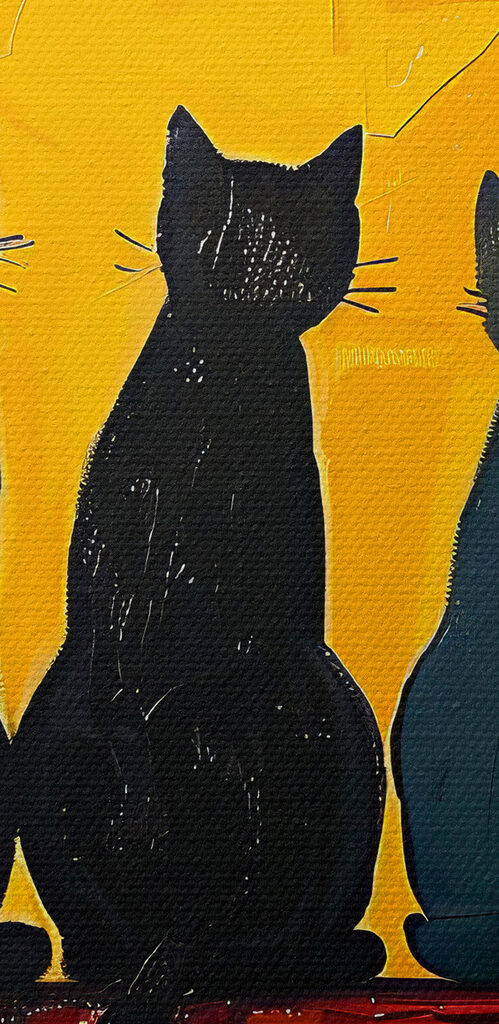 A group of cats sitting on a red surface A group of cats sitting on a red surface