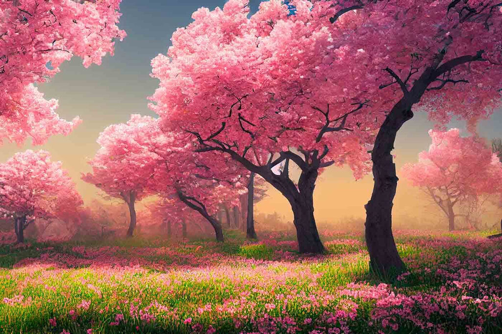 A field of pink flowers with trees