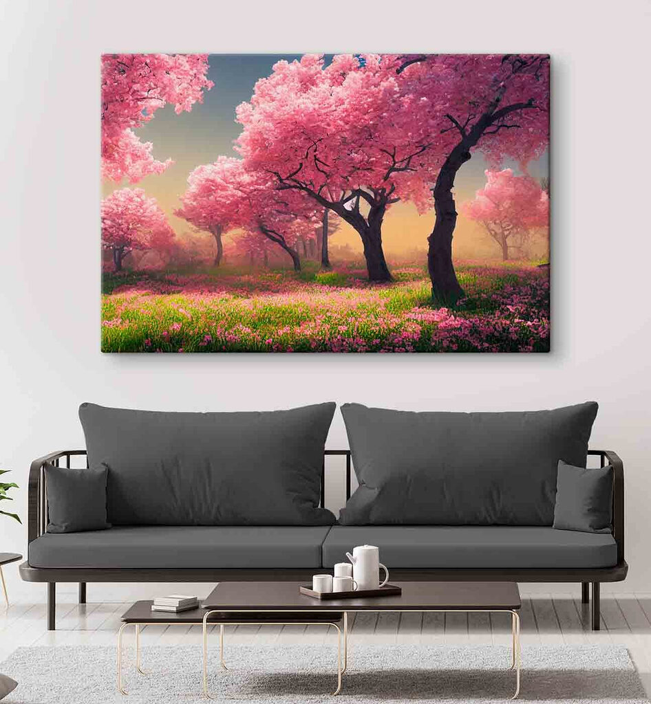 A field of pink flowers with trees