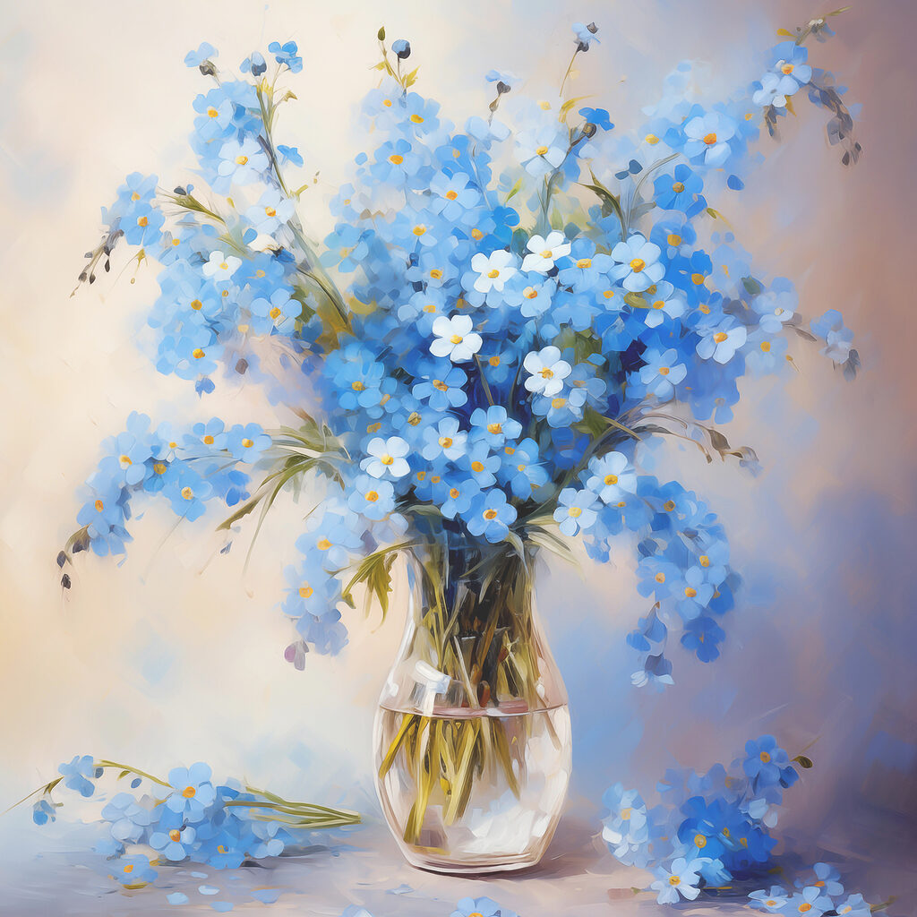 A painting of blue flowers in a vase A painting of blue flowers in a vase