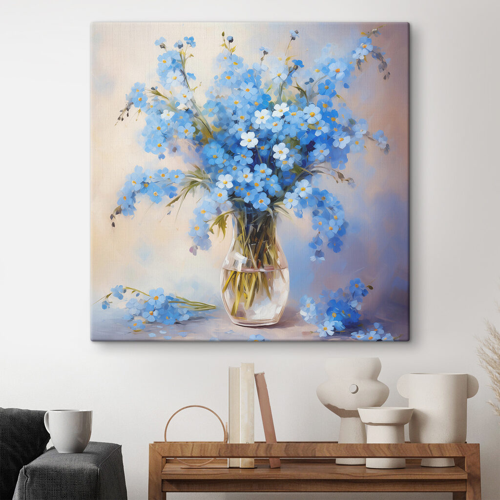 A painting of blue flowers in a vase A painting of blue flowers in a vase