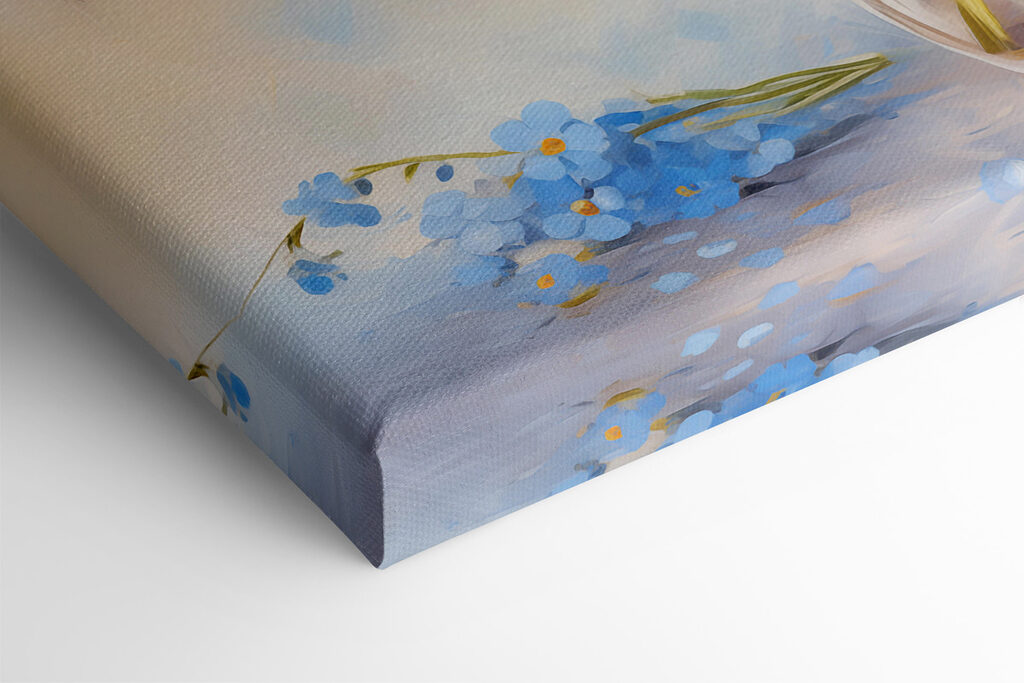 A painting of blue flowers in a vase A painting of blue flowers in a vase