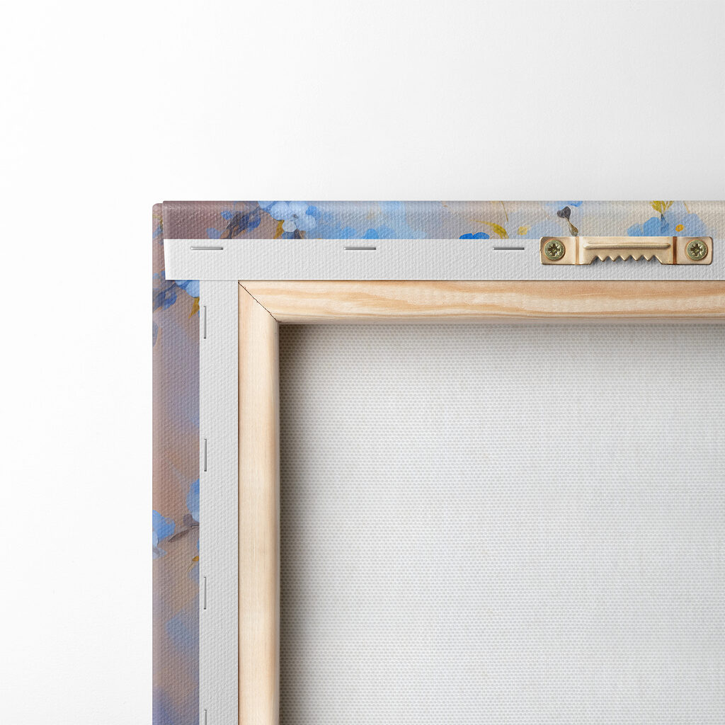 A painting of blue flowers in a vase A painting of blue flowers in a vase