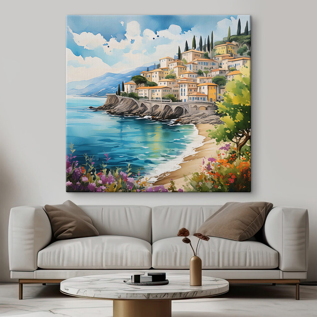 A painting of a town on a cliff by the water A painting of a town on a cliff by the water