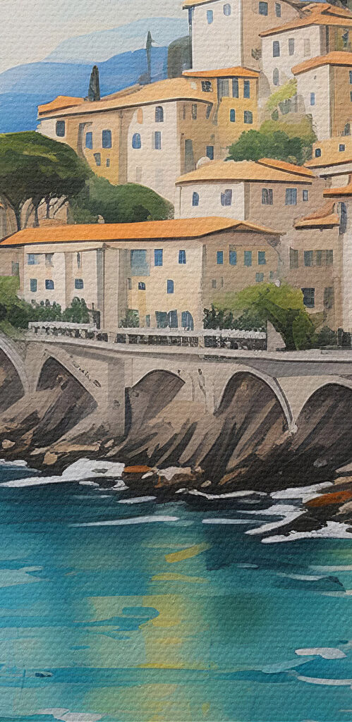 A painting of a town on a cliff by the water A painting of a town on a cliff by the water