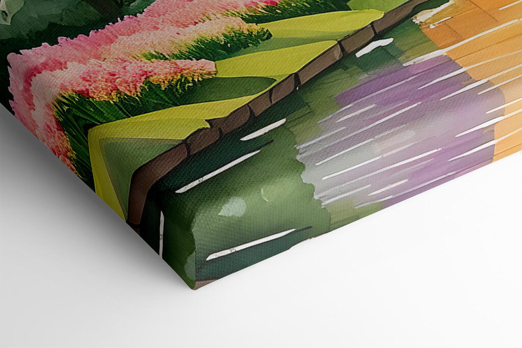 A painting of a river with boats and a bridge and trees