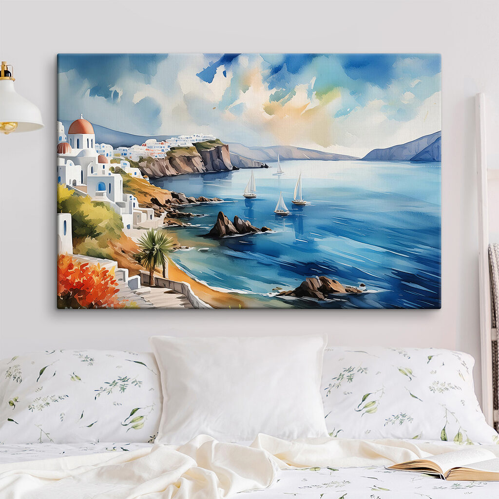 A watercolor painting of a town on a cliff