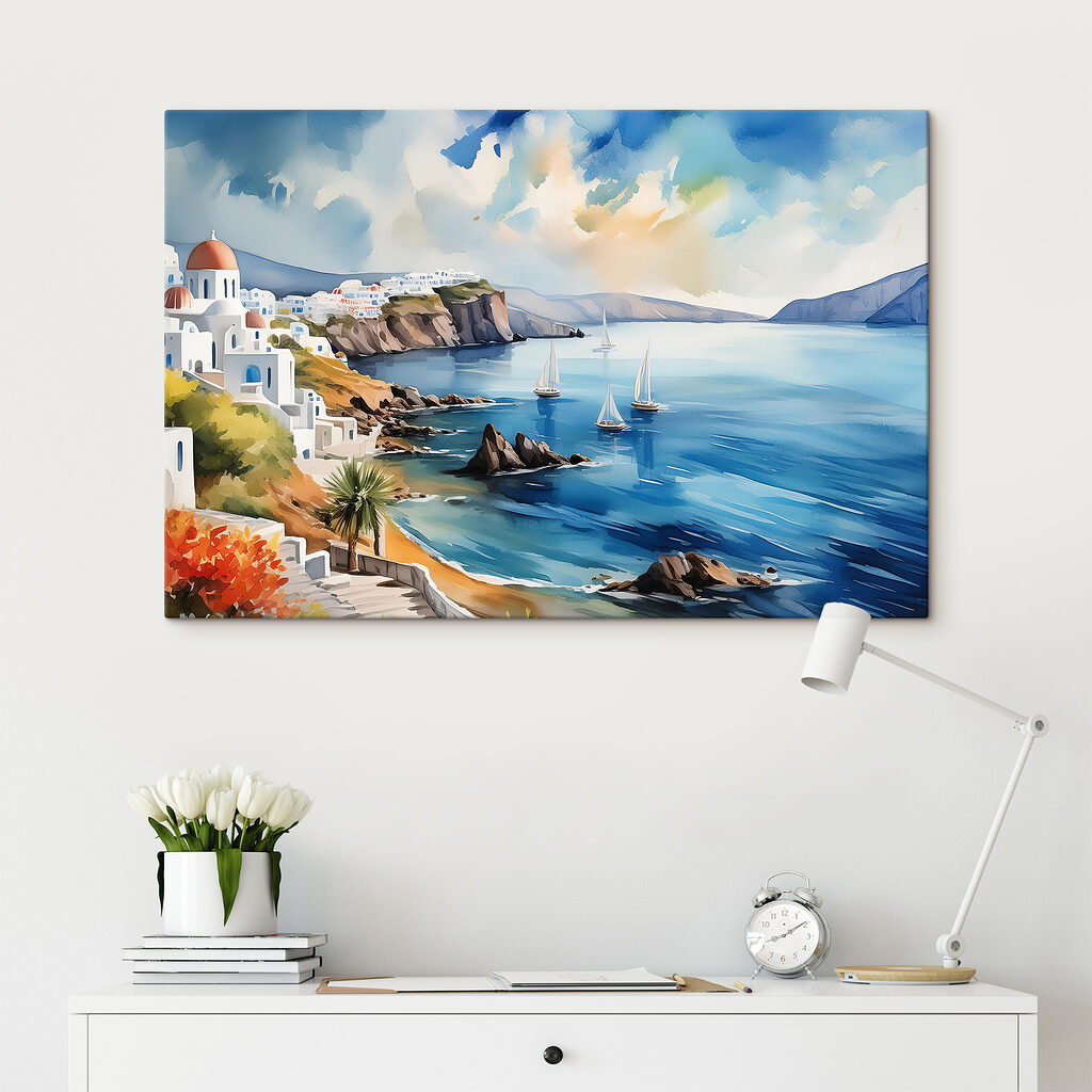 A watercolor painting of a town on a cliff