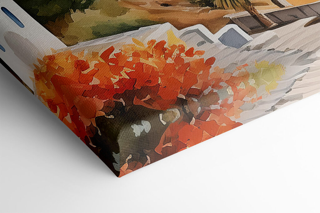 A watercolor painting of a town on a cliff